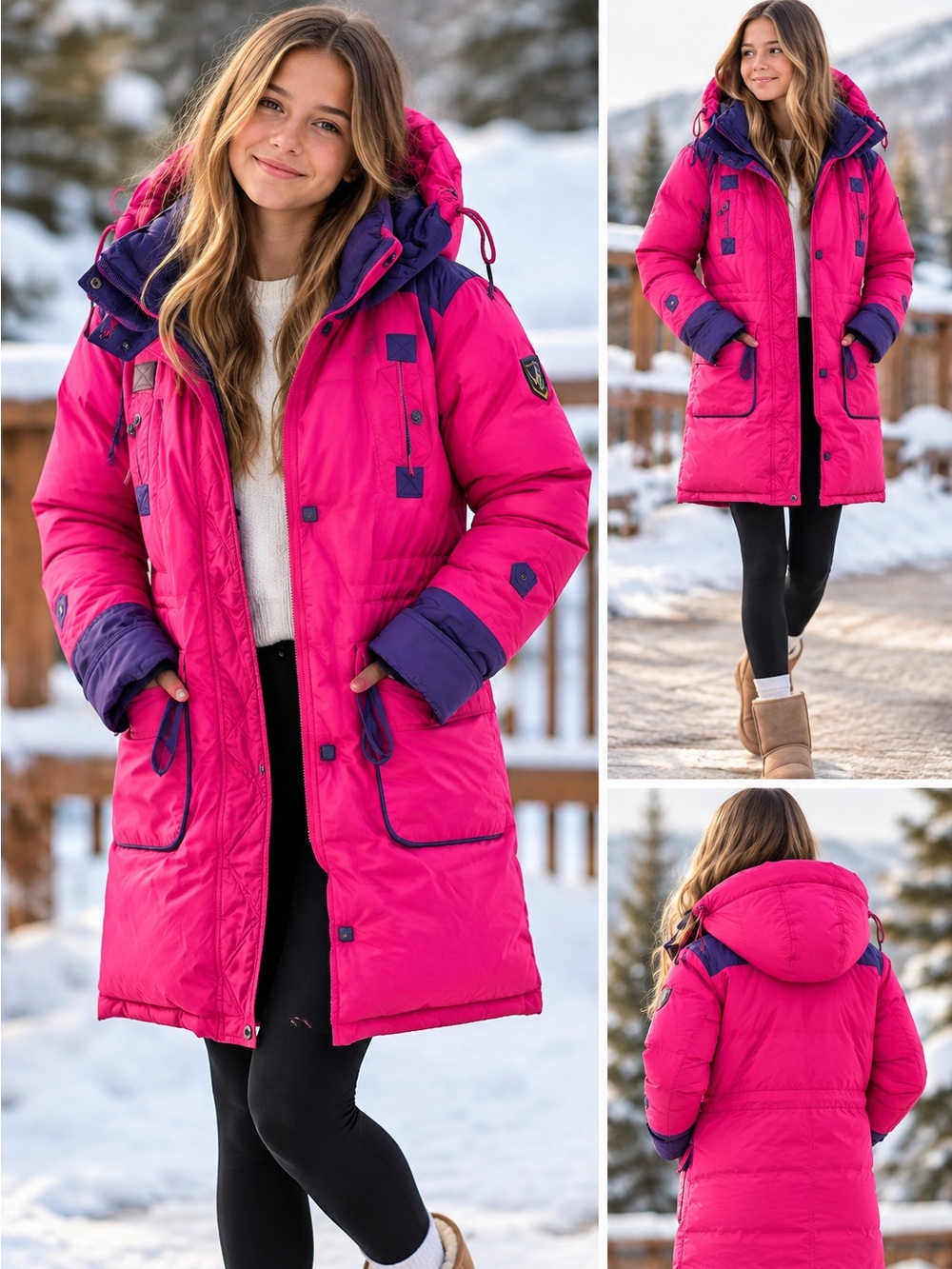 Triple Plus Goose Down Filled Vibrant Pink and Purple Kids Puffer Coat size 12